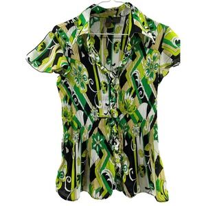 Serenade New York Green Psychedelic Floral Plisse Pleated Button Up Blouse Large